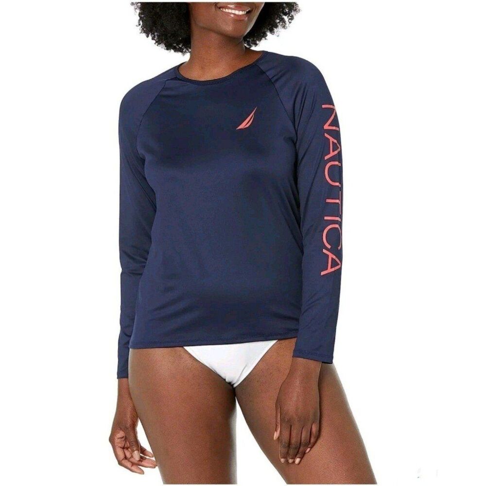 Nautica Long Sleeve Logo Rashguard Swim Shirt UPF Navy Blue Size Variety